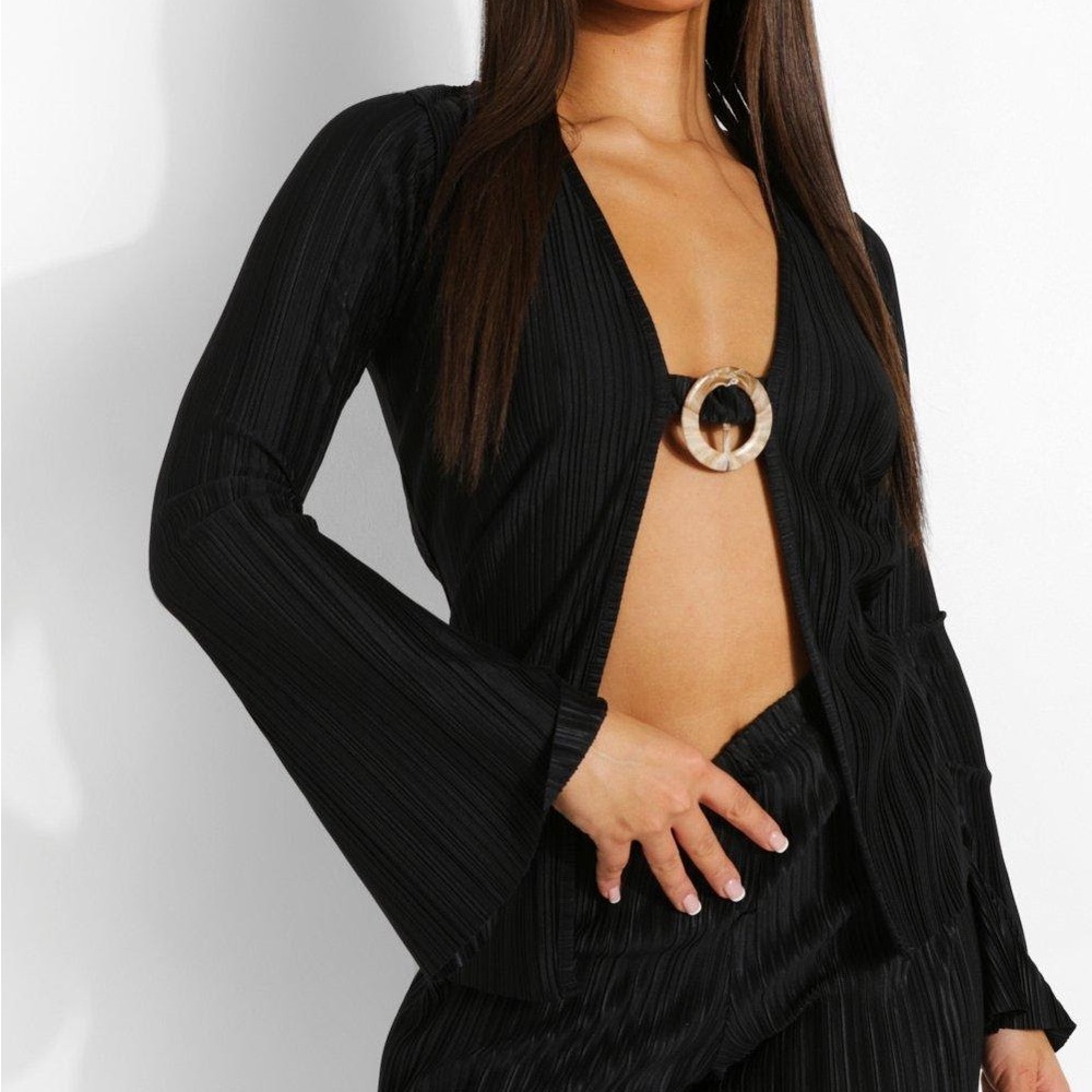 Boohoo long bell sleeve deep V neck top